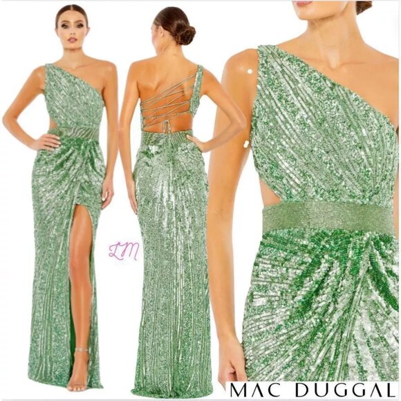 New MAC DUGGAL 5687 Sequined One Shoulder Gown Lace Up Back Sage 10 MSRP $598 - Picture 2 of 6